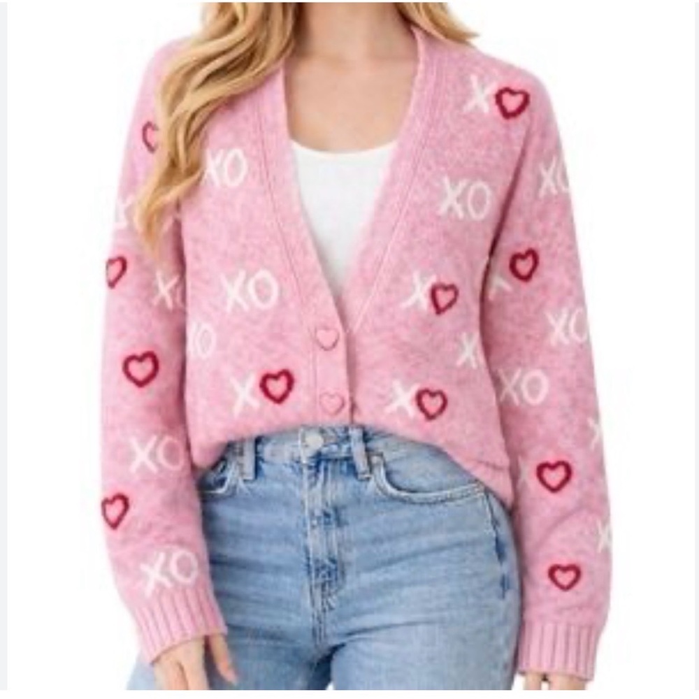 Cupcakes & Cashmere Heart V-Neck Heart Button Cardigan Sweater size M